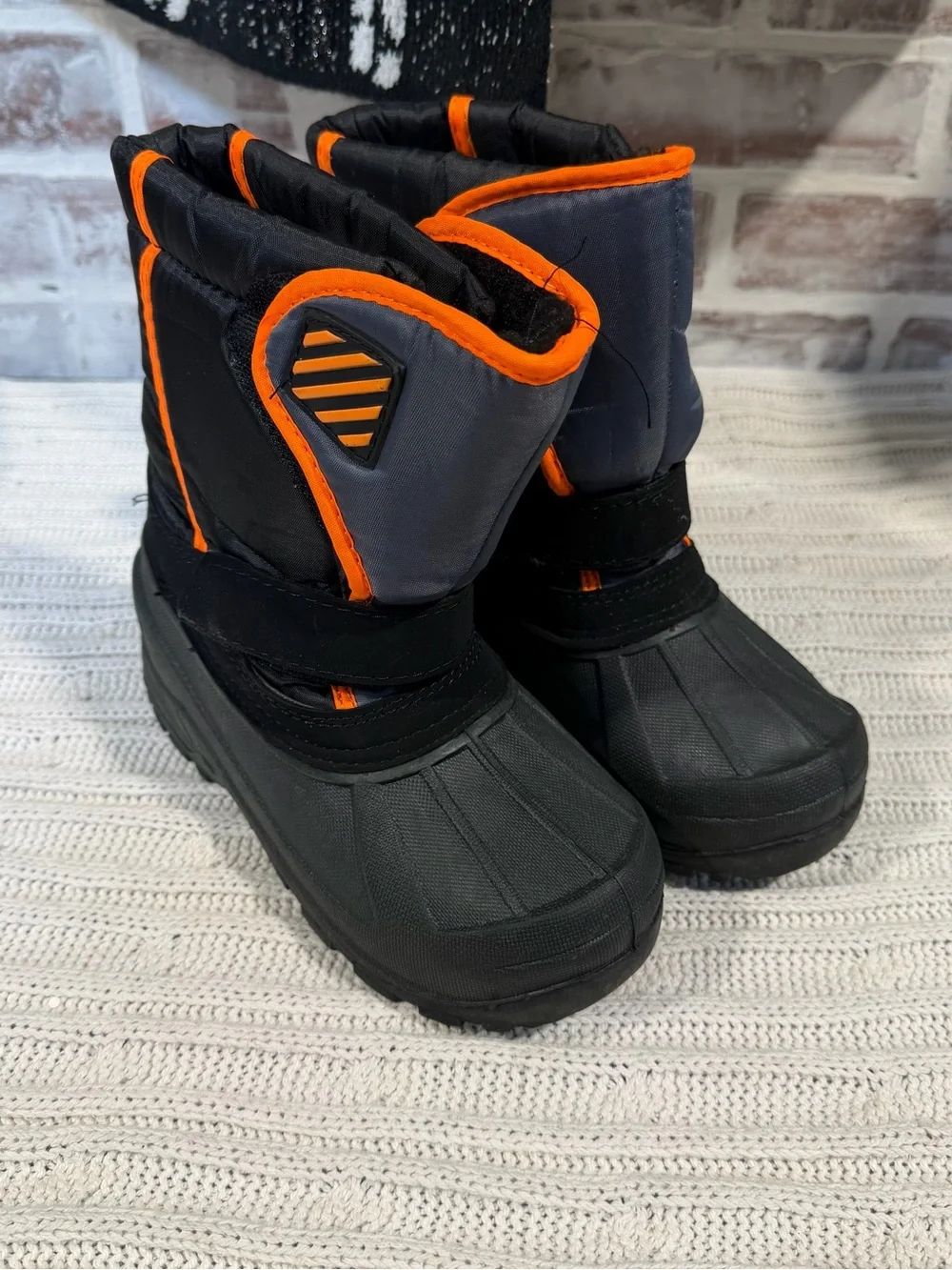 Kids Black & Orange Winter Snow Boots - Waterproof Slip-On youth size 1